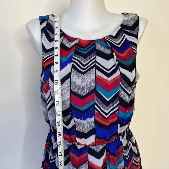Dex Hi Low Dress Chevron Key Hole Back Lined Striped Blue Red Black Party Sz M - Picture 7 of 15